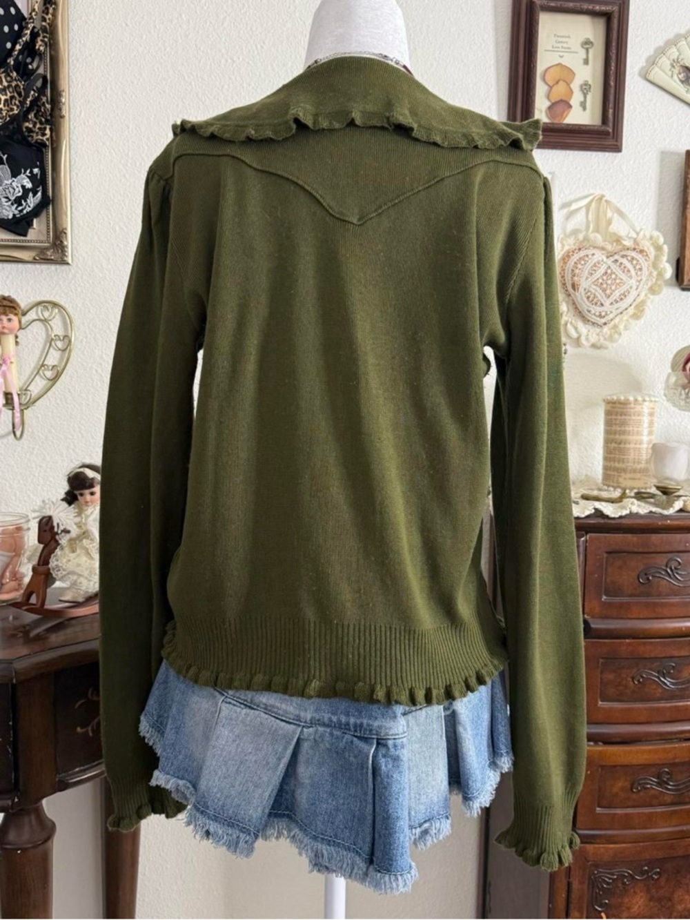 dainty whimsical prairie fairy grunge moss green knit peter pan collar cardigan - Picture 4 of 5